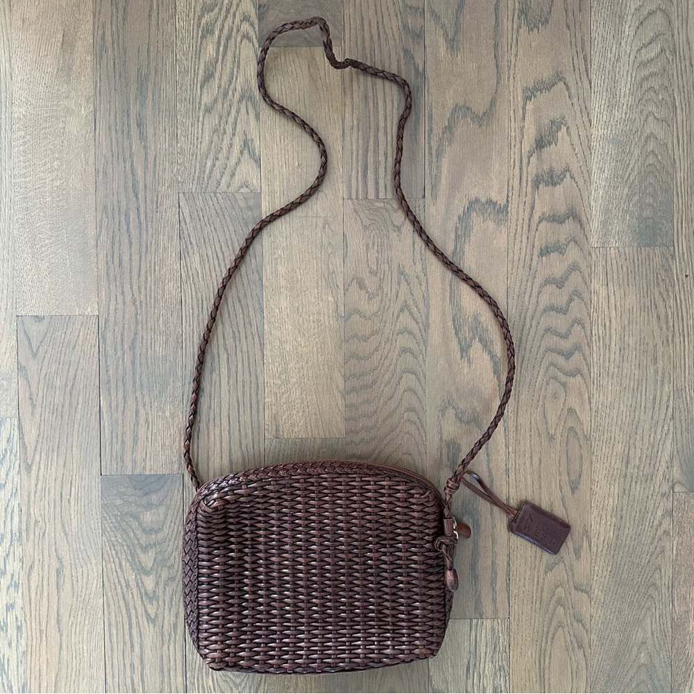 Vintage Woven Leather Small Rectangular Crossbody Handbag Brown 10"x7.5"x2.75 - Picture 3 of 11